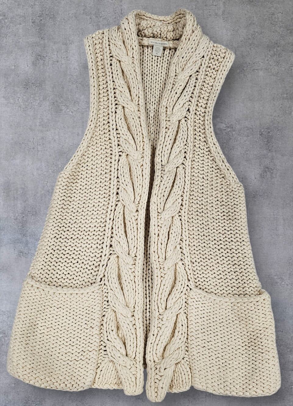 White Warren Cableknit Sweater Cardigan Chunky Open Knit Pockets Womens Sz XL